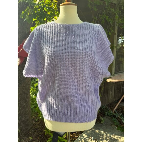 70s 80s Lavender Knit Top Batwing Cap Flutter Sleeve Crew Neck Handmade - Picture 3 of 6